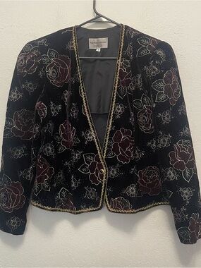 Vintage Nah Nah Collection Jacket Size 16 Golden Red Velvet Floral Blazer Beaded